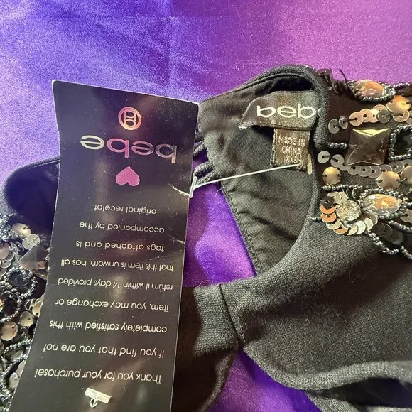 New ๐bebe Sexy Bodycon Keyhole Neckline Mini Dress Embellished Shoulders - Picture 13 of 16